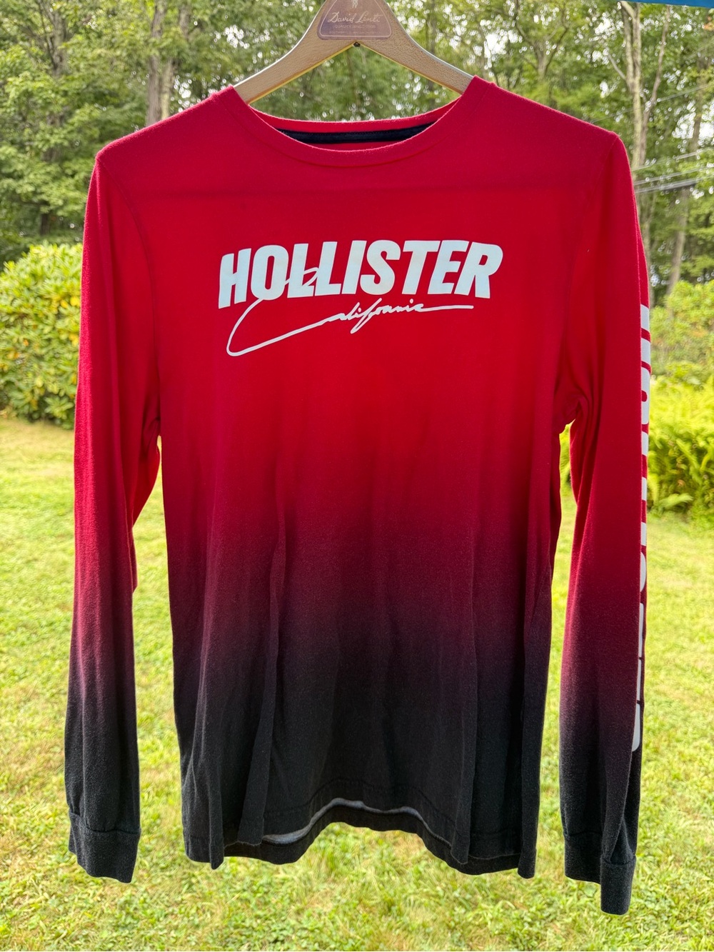 Hollister Red to Black Ombre Long Sleeve Tee with White Logo